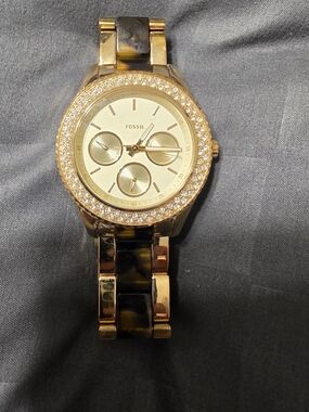 Fossil Gold Tone Watch with Tortoiseshell Links and Crystal Bezel